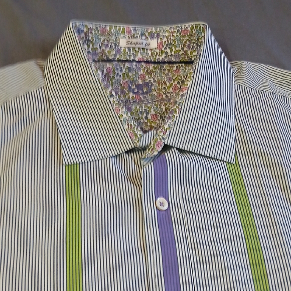 Bugatchi Black and White Striped Shirt with Green and Purple Accents - Picture 1 of 7